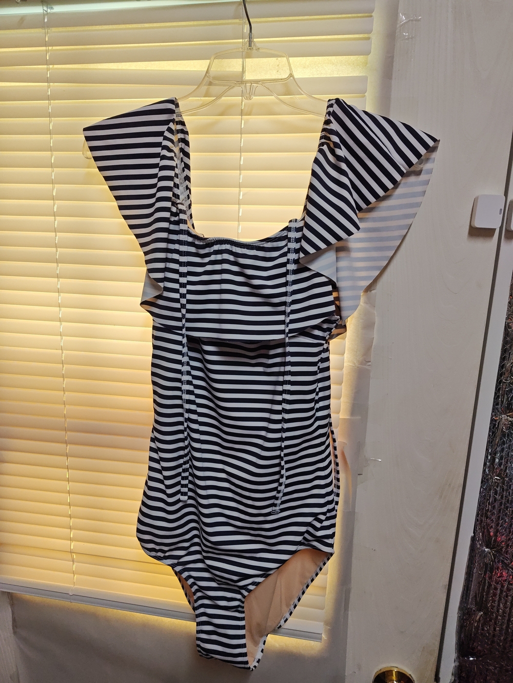 Albion Black & White Striped Ruffle-Shoulder One-Piece Swimsuit